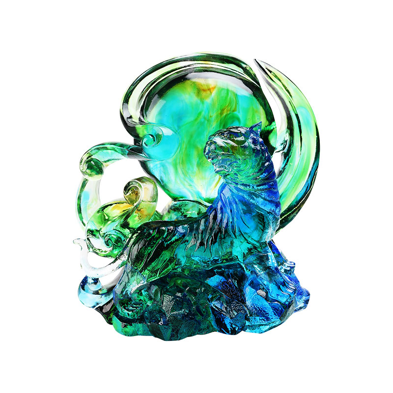 Blaugrüne, transparente Tiger-Ornamente aus Kristallglas