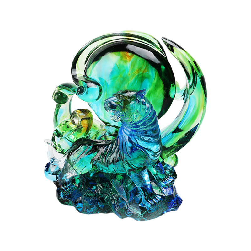 Blaugrüne, transparente Tiger-Ornamente aus Kristallglas