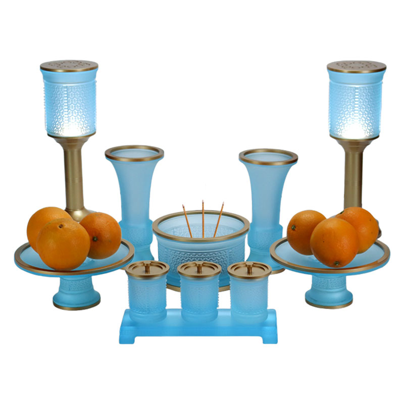 Hellblaues buddhistisches Altaropfer-Set aus Glas der Ruyi-Serie