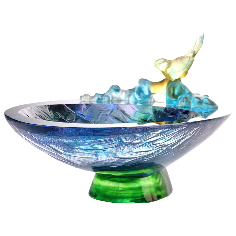 Obstschale aus Kristallglas mit Vogeldekoration