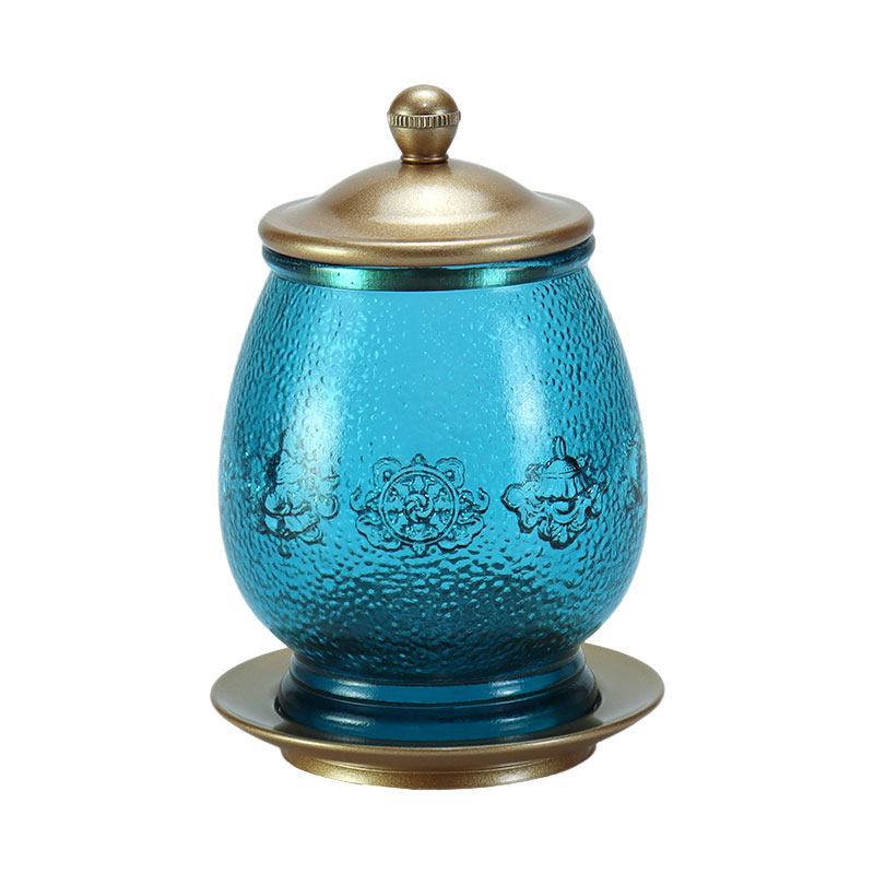 Königsblaue acht glückverheißende Symbole, buddhistische Altar-Kristallglas-Opfergaben