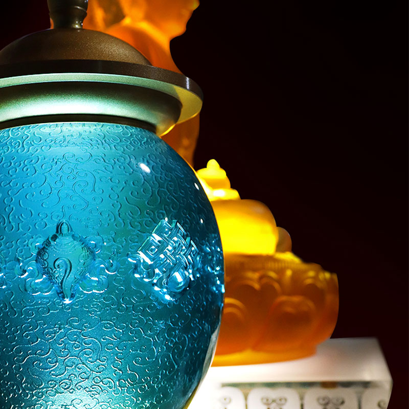 Königsblaue acht glückverheißende Symbole, buddhistische Altar-Kristallglas-Opfergaben