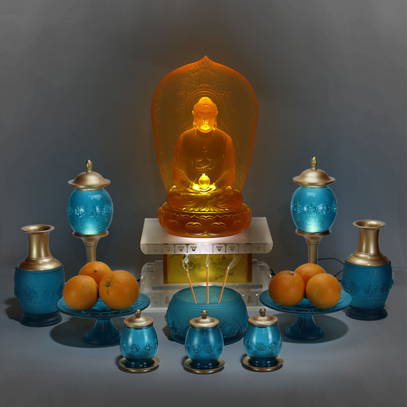 Königsblaue acht glückverheißende Symbole, buddhistische Altar-Kristallglas-Opfergaben